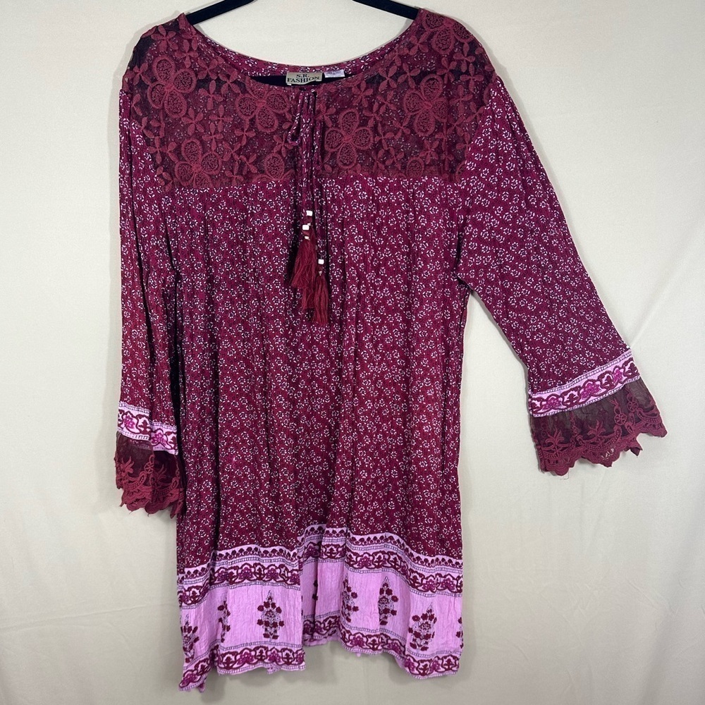 S.R. Fashion Boho Floral Print Plus-Size Flowy Mixed Media Mini Dress Size 3X